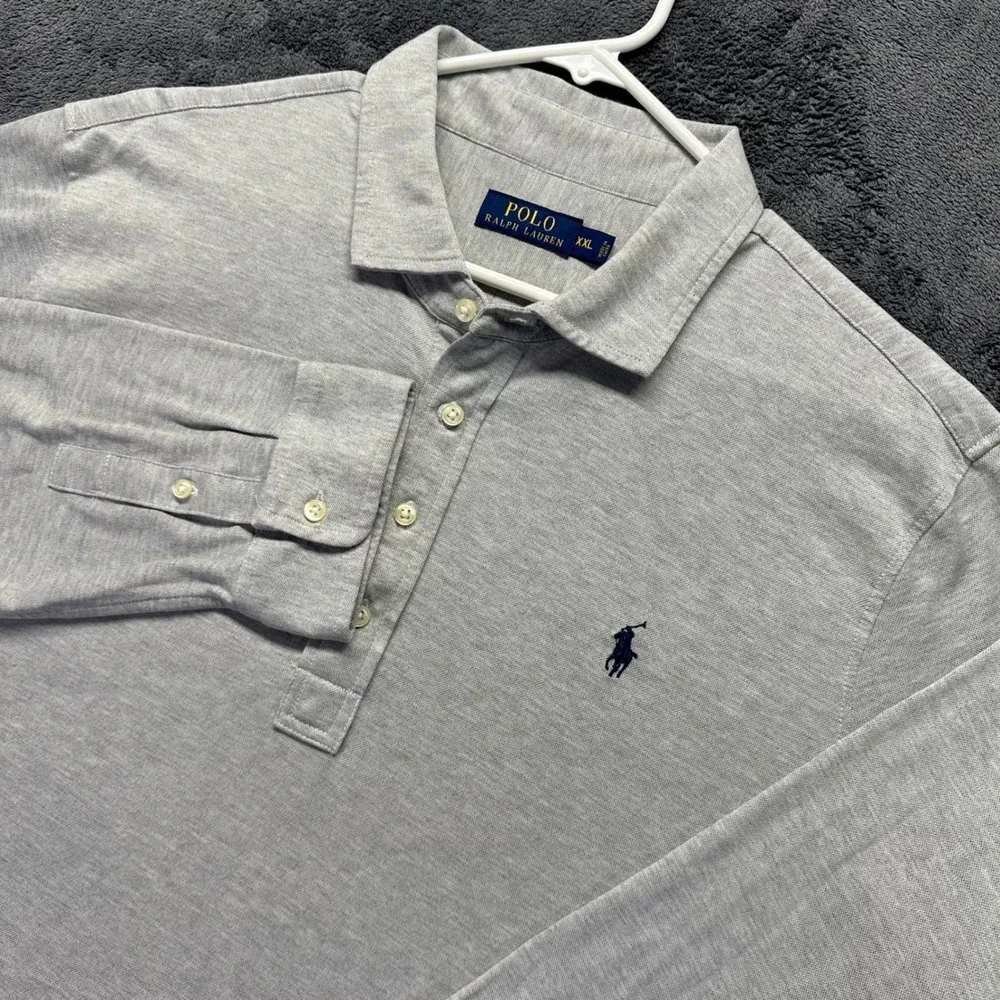 Polo Ralph Lauren Men XXL Heather Gray Long Sleeve Cotton Pique Polo Shirt Rugby